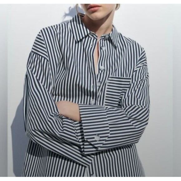 Zara Poplin Cotton Shirt Womens Medium Oversized Button Up Navy White Striped - Picture 1 of 7